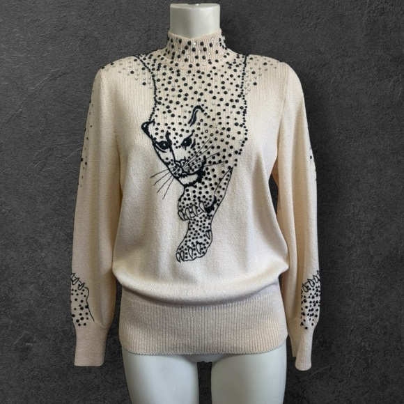 Vintage Antonella Preve Beaded Leopard Sweater Rhinestone Embellished Size Small - Picture 1 of 14